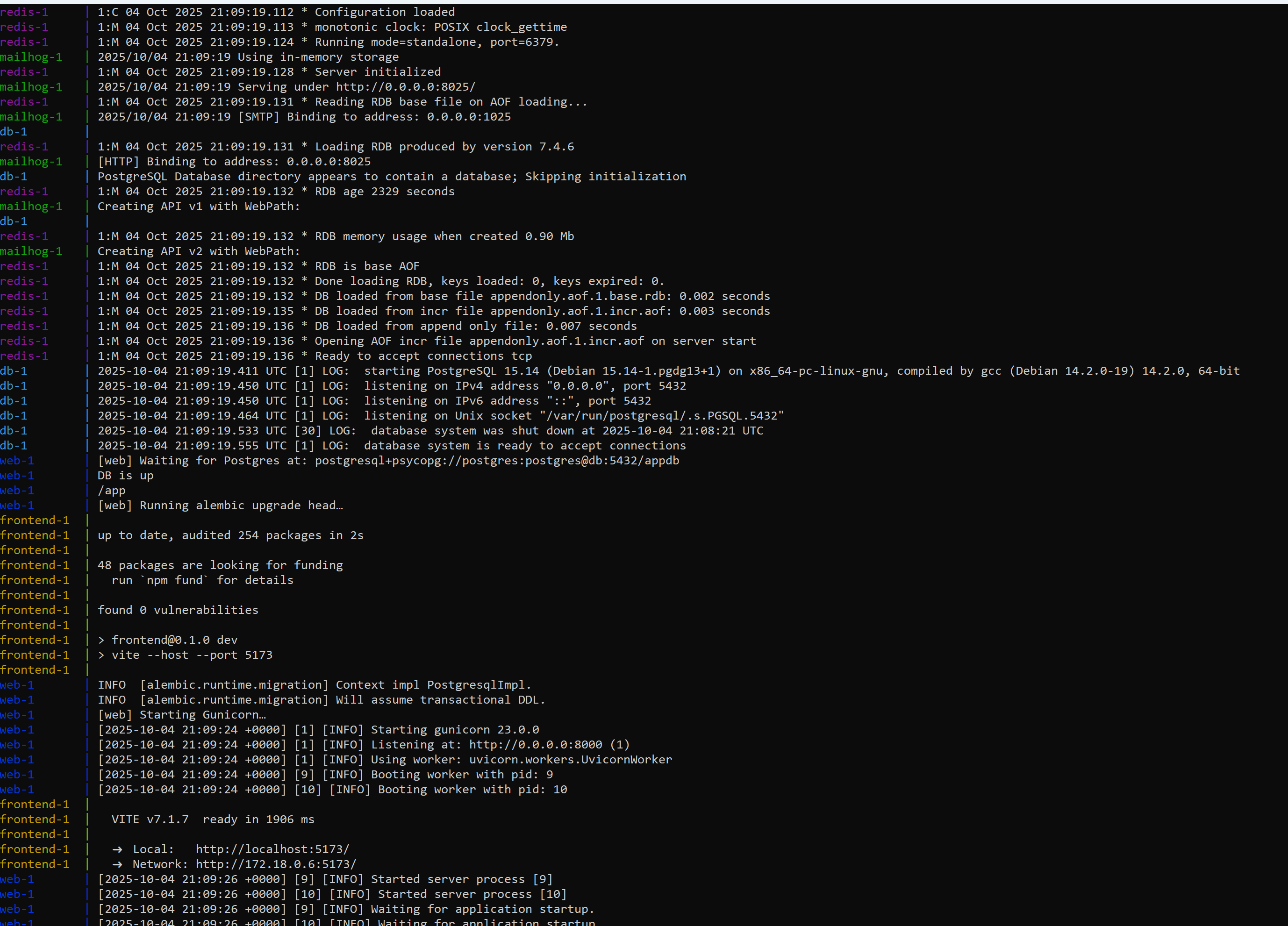 Terminal logs showing Alembic database migrations and Gunicorn worker startup