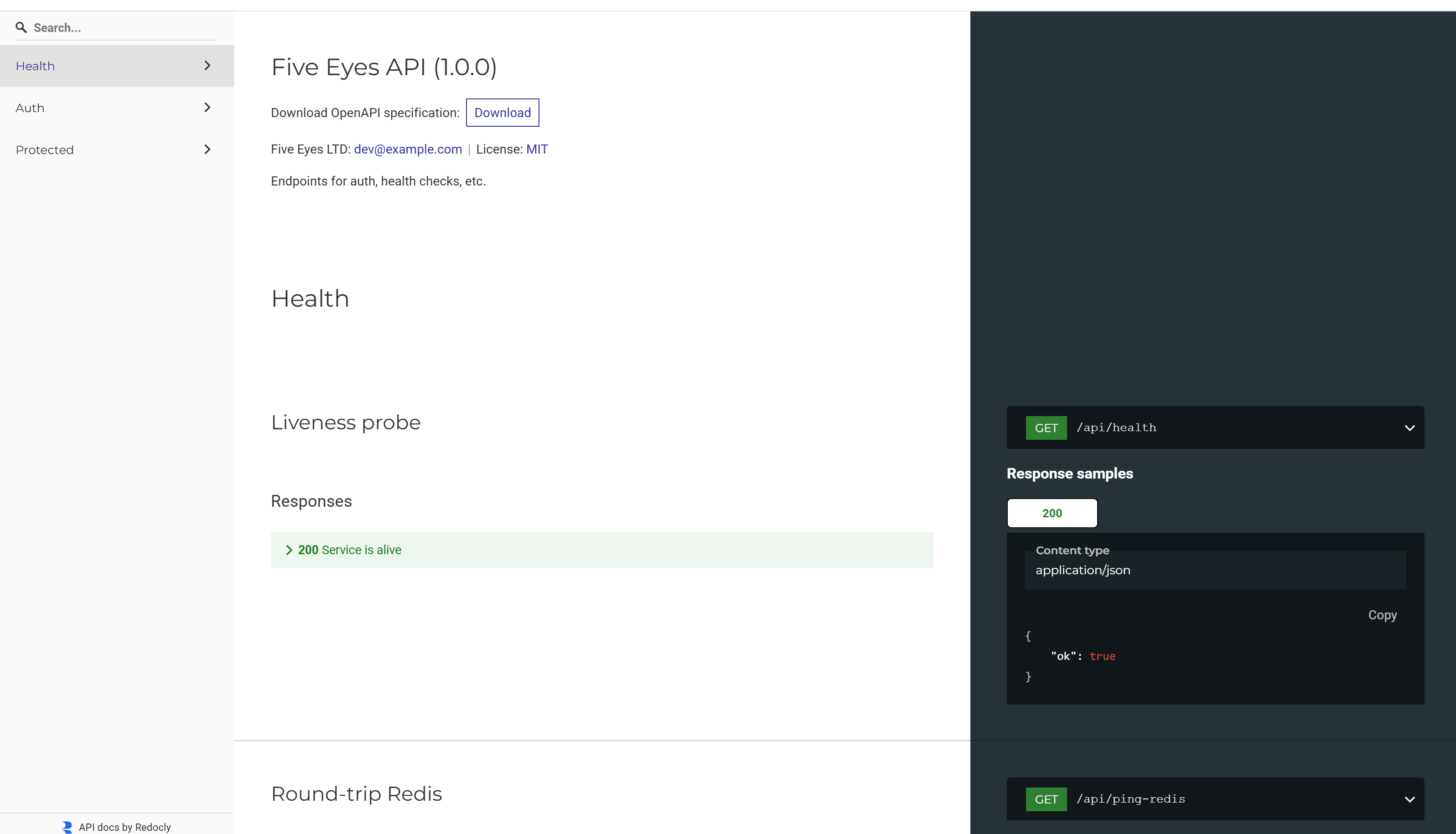 ReDoc documentation showing Auth endpoint with request schema