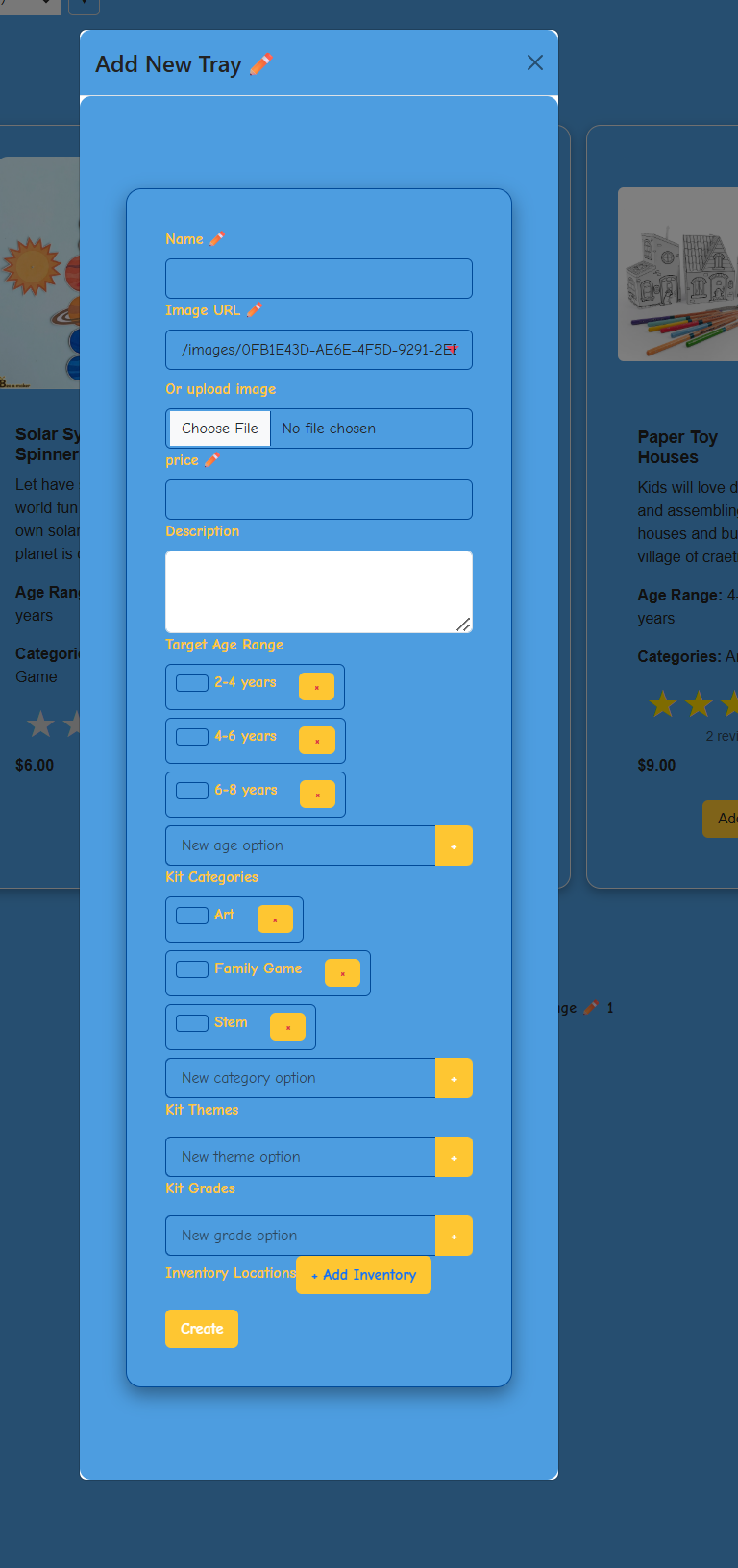 Admin modal to create a new kit with categories and ages