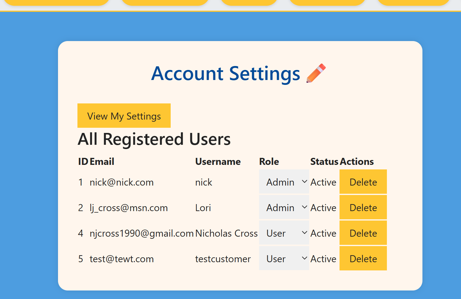 Admin users list with role dropdowns and delete actions