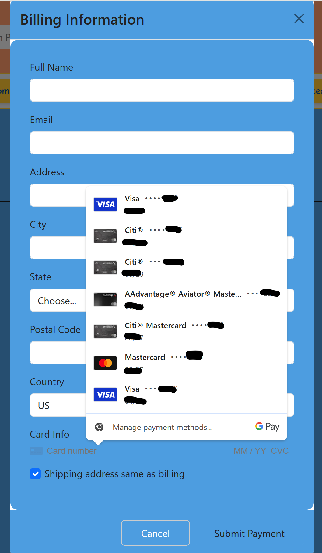 Billing modal with address fields and saved payment methods (Google Pay / saved cards)