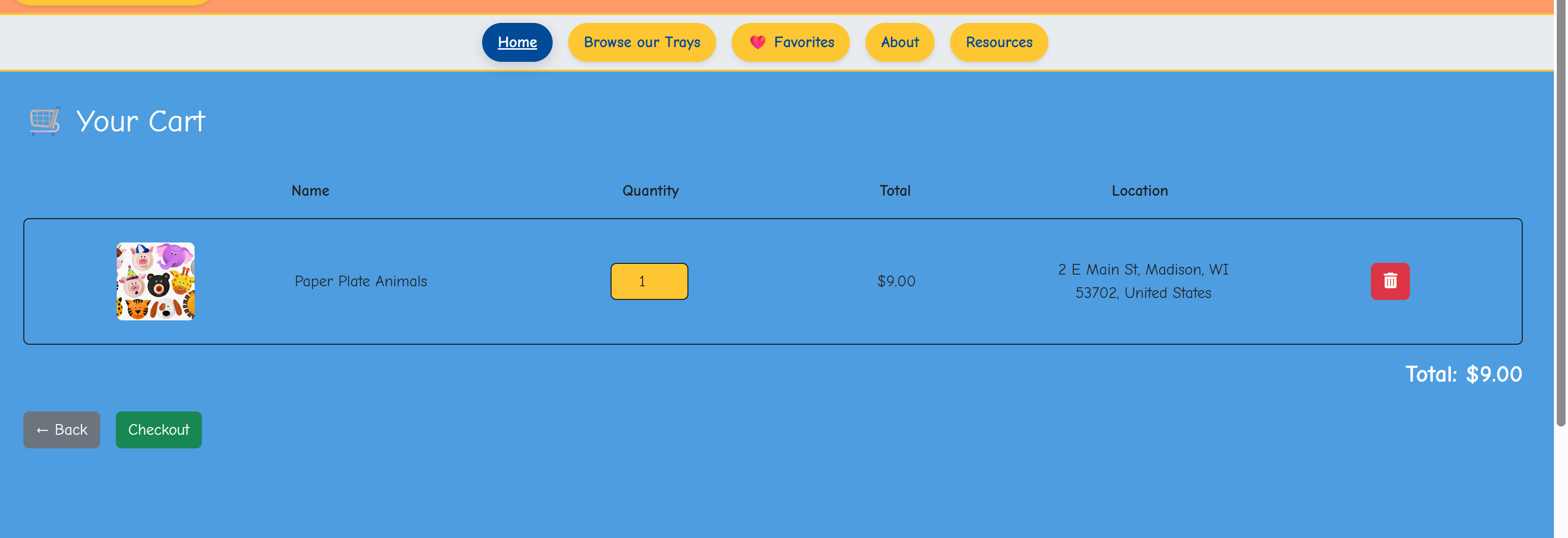 Cart page showing selected inventory location for items