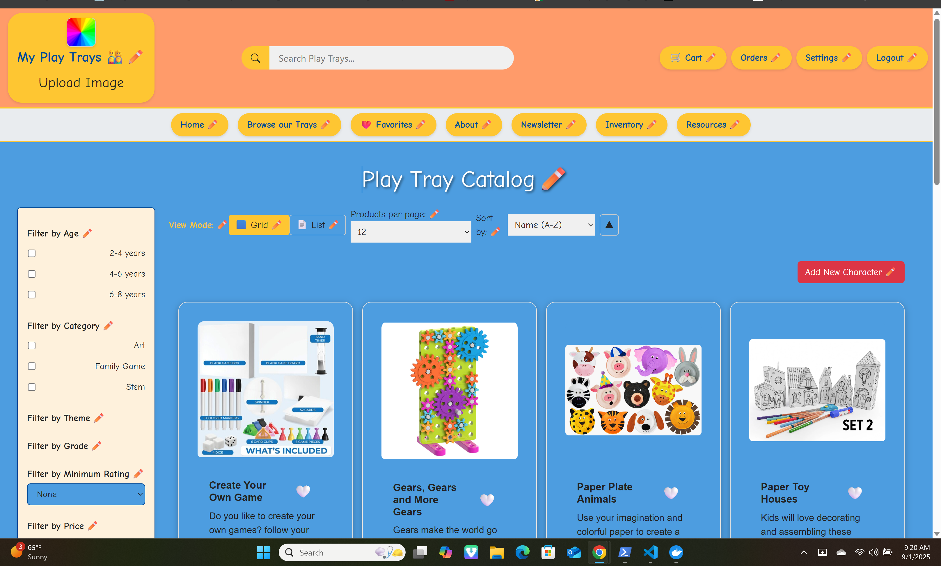 Product catalog with filter sidebar, sort, and grid/list view