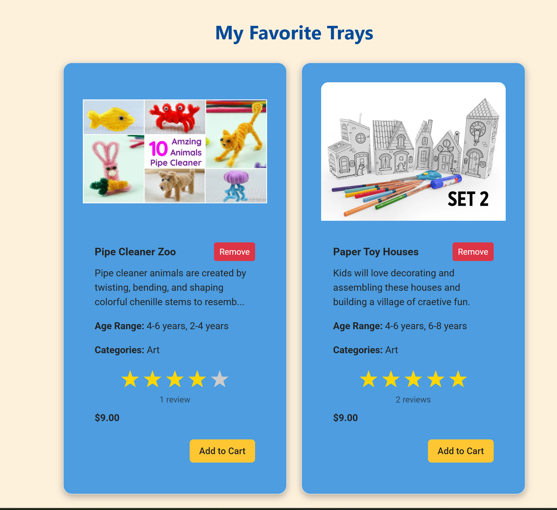 Favorites page with saved kits and quick add-to-cart