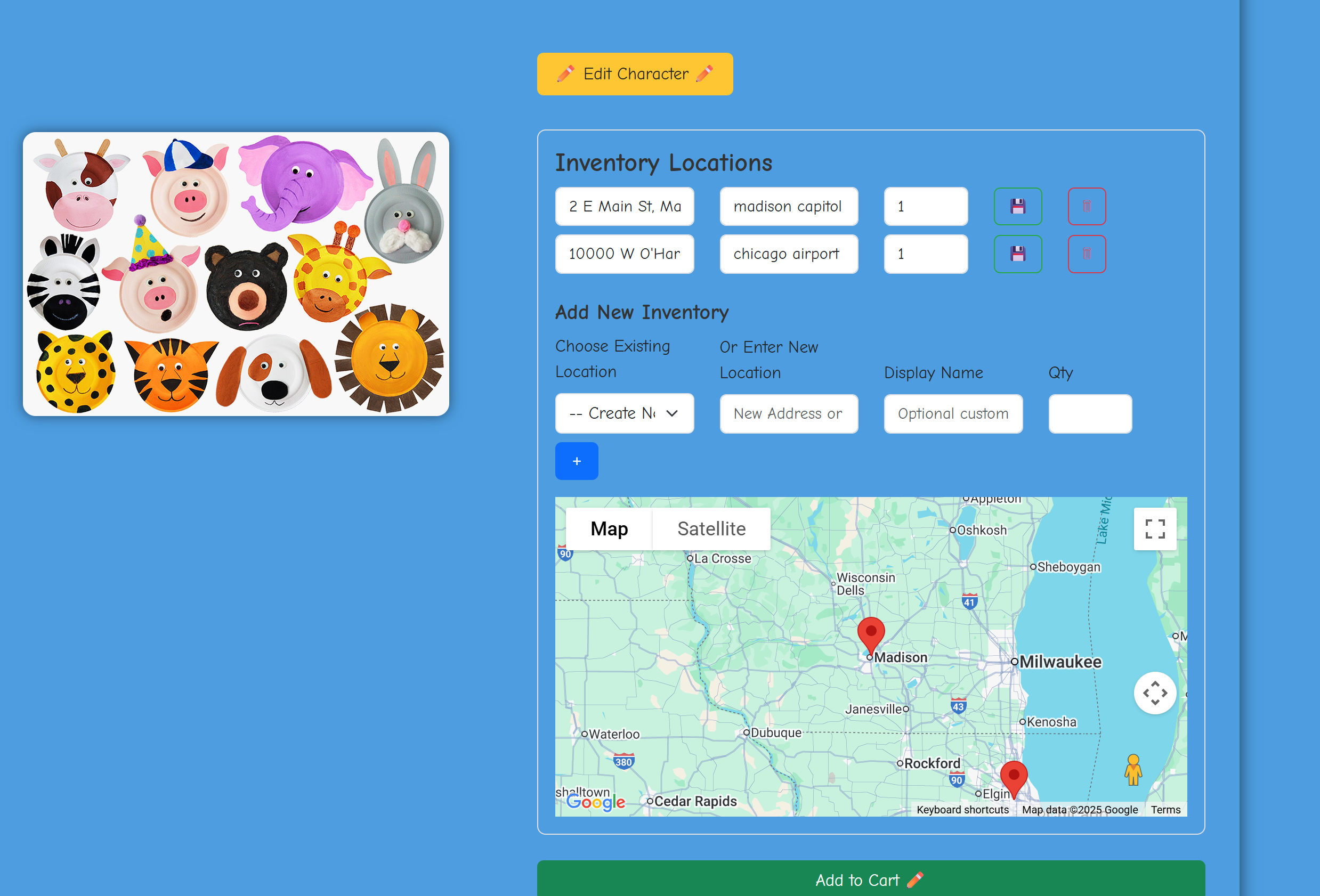 Product detail page showing Google Map with inventory markers