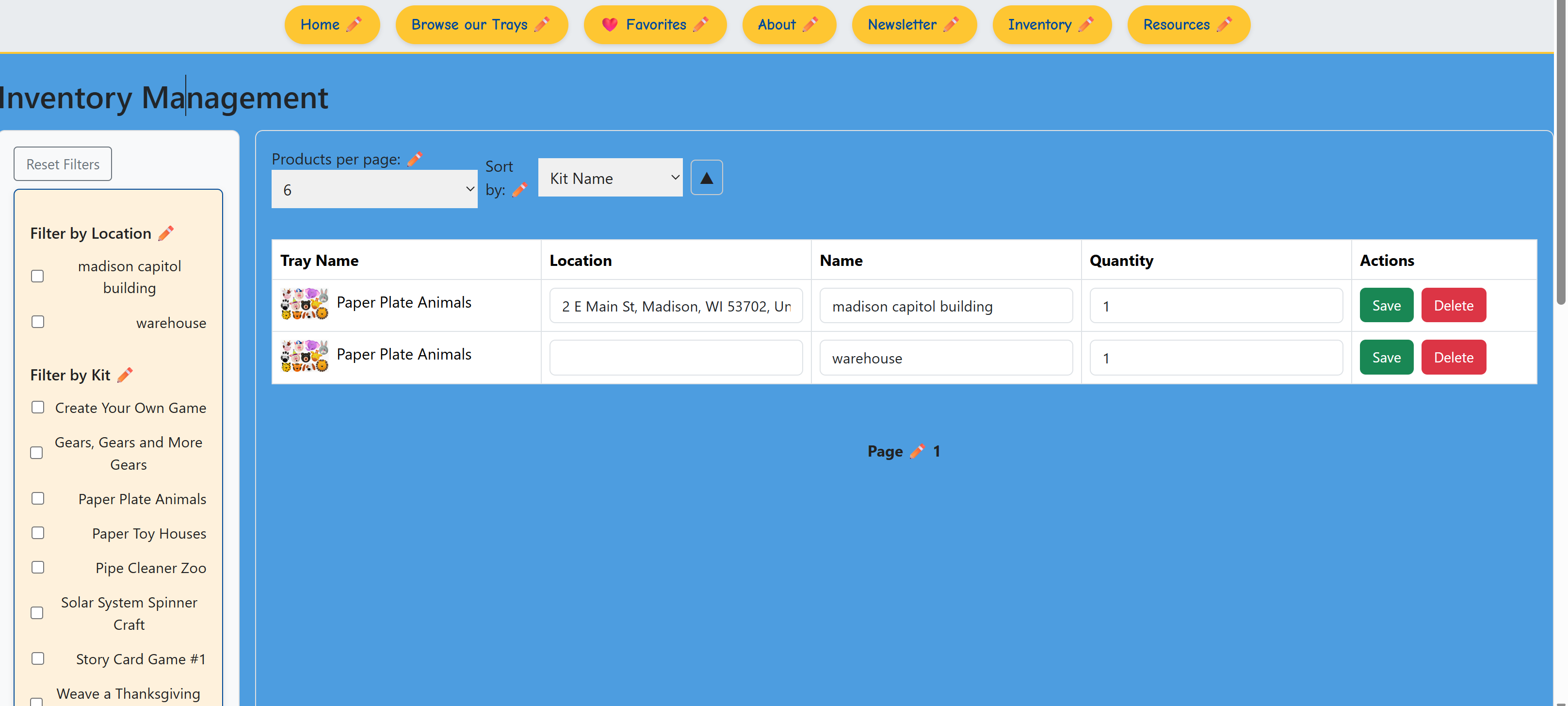 Inventory management table with filters and inline editing