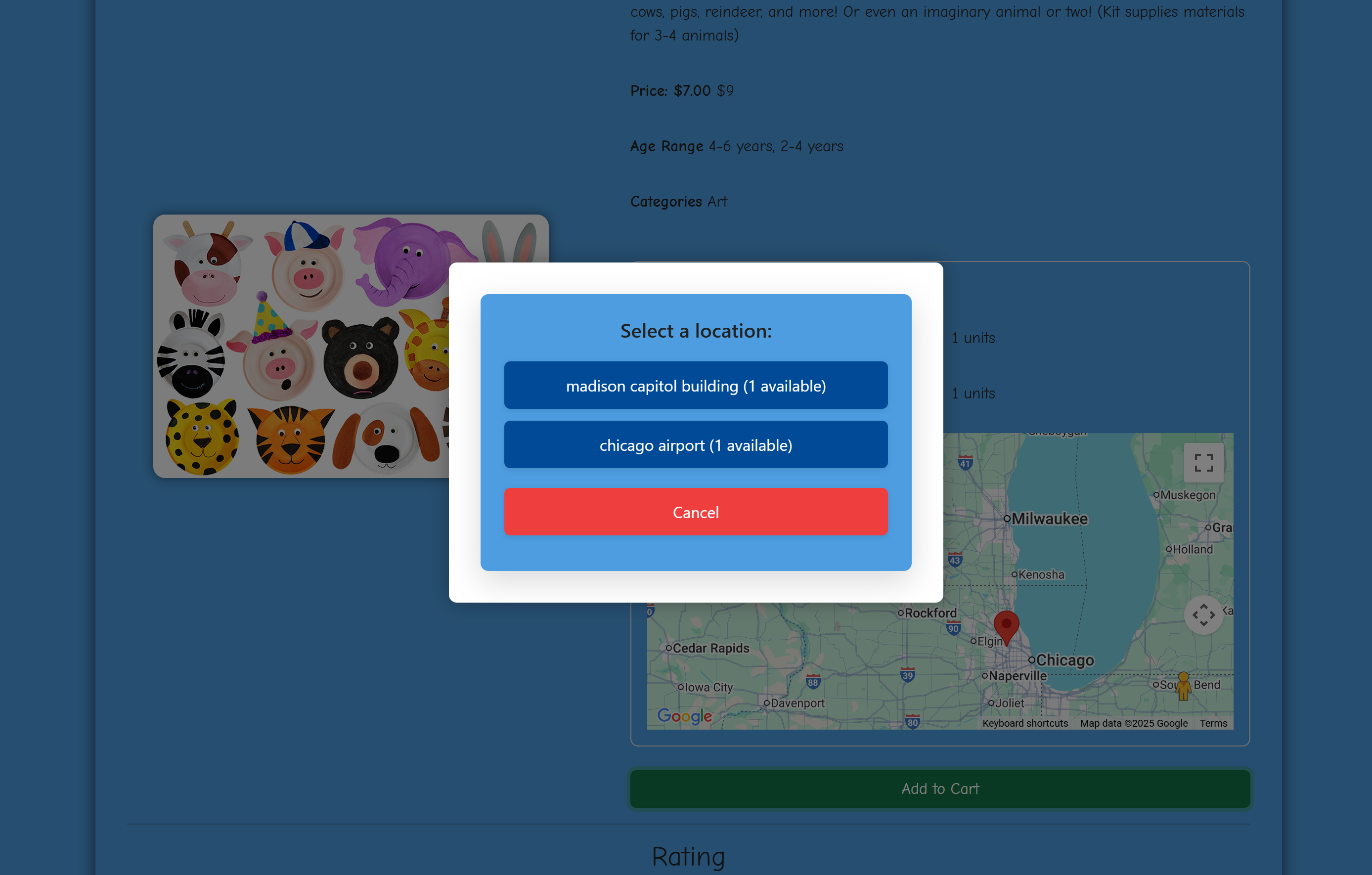 Modal prompting user to select an inventory location before adding to cart