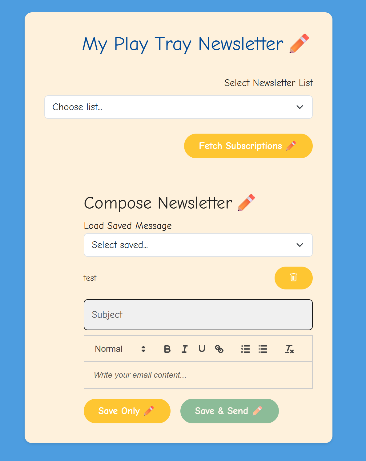 Newsletter composer with rich text editor and list selection
