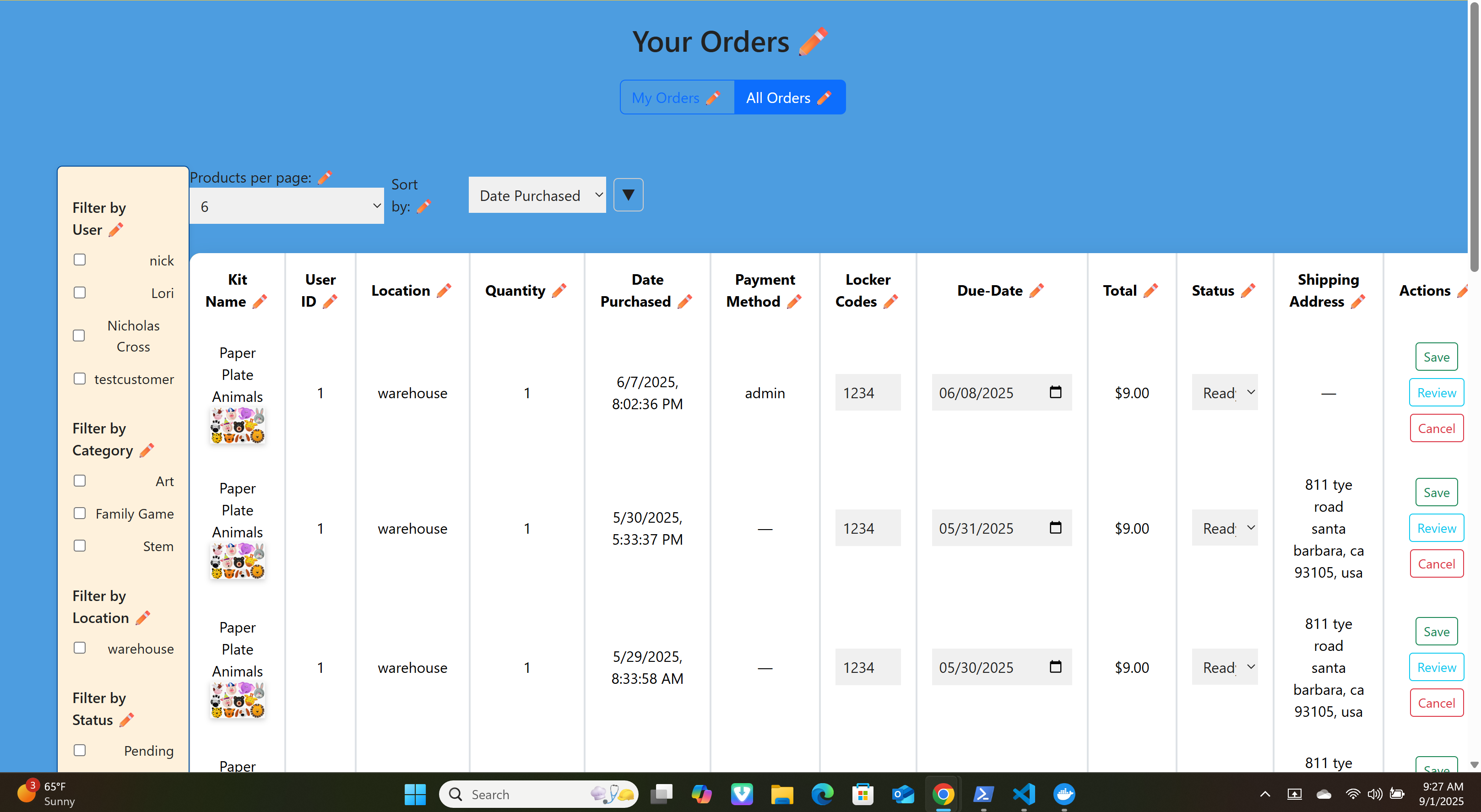 Orders table with filters, status, and shipping address columns