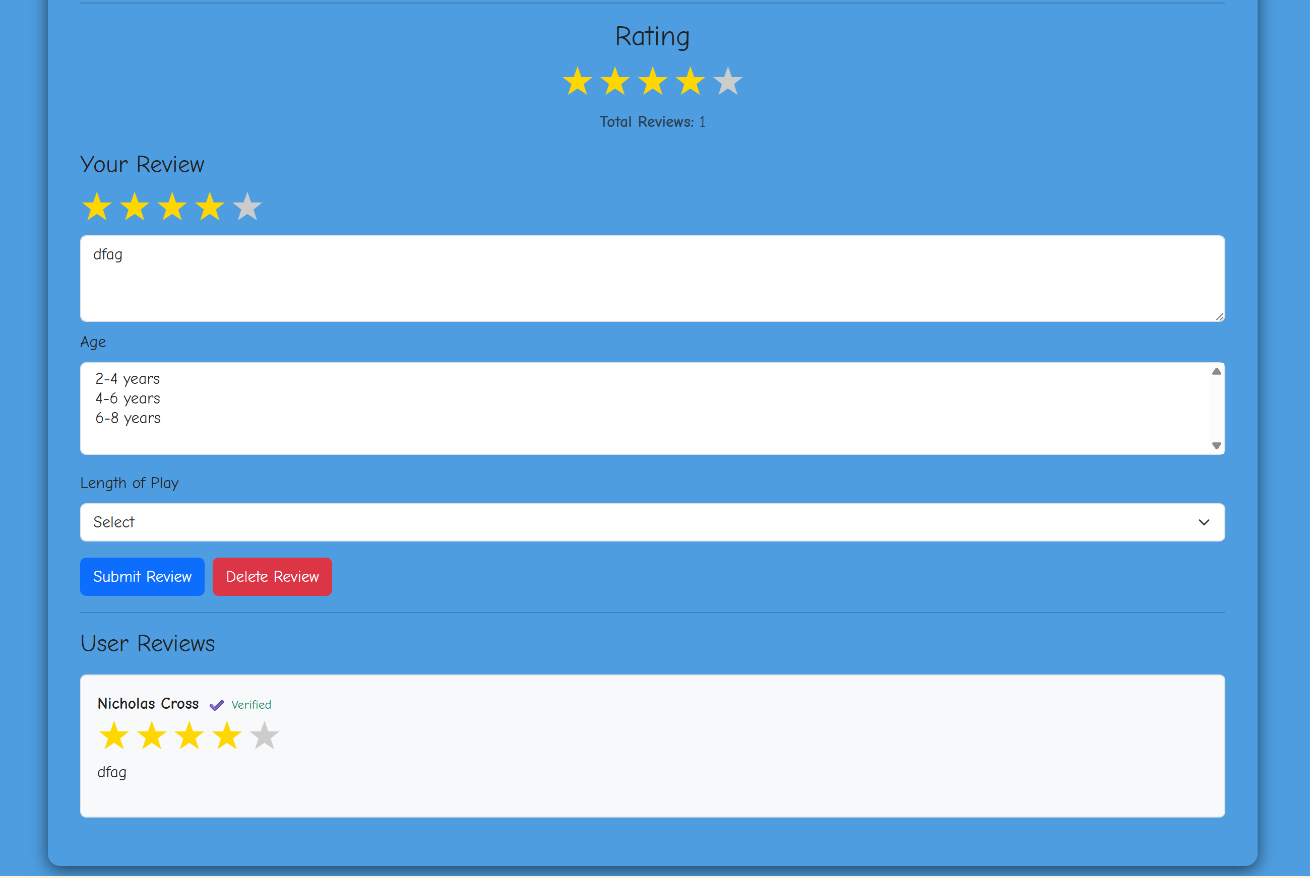5-star rating interface with review form and user reviews