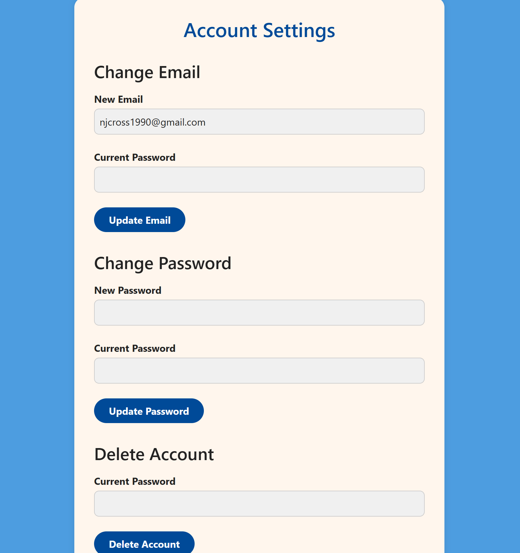 Account settings screen for email and password changes